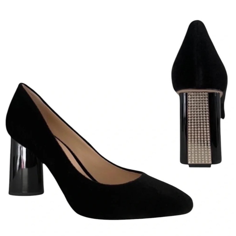 Kate Spade New York Sybil Black Velvet Rhinestone Block Heel Pumps Almond Sz 10M